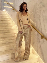 Eleganckie Spodnie Damskie z Brokatem, Szerokie Nogawki z Elastyczną Talią