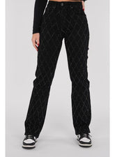 Damskie Jeansy Wysoki Stan w Kratę z Strassami Prosta Nogawka