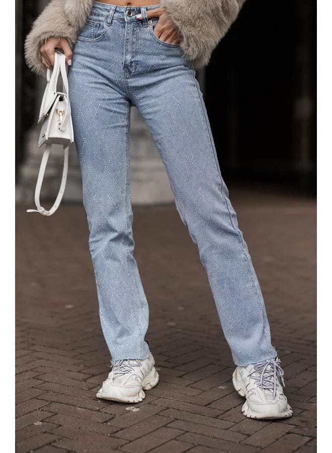 Damskie Jeansy Wysoki Stan w Kratę z Strassami Prosta Nogawka